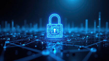 Security lock icon with a digital network background representing online protection.
