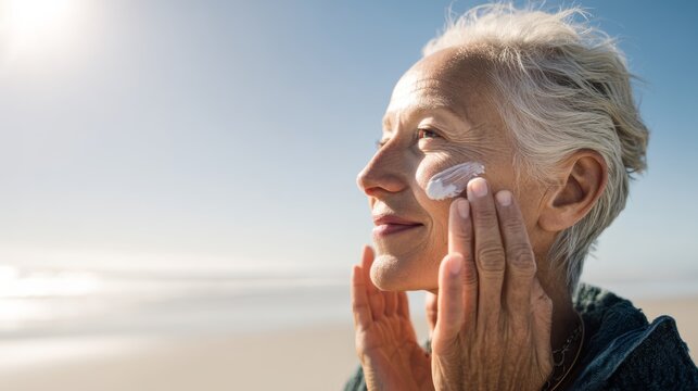 Senior skincare routine beachfront setting lifestyle content natural light close-up view embracing aging gracefully