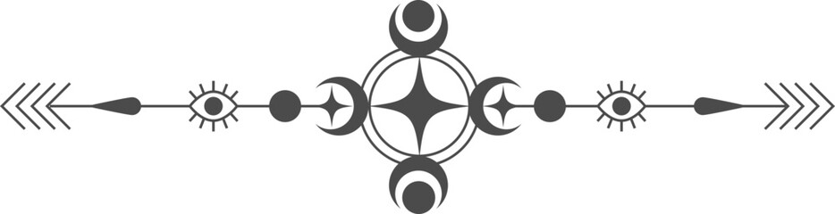 Celestial frame with lines of stars. Magic border with mystic moon and sun. Tarot fantasy ornament. Elegant divider with esoteric symbols and spiritual elements