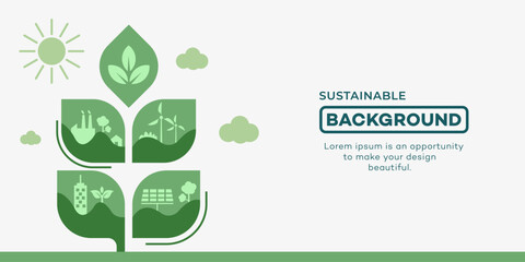 Sustainable background, save environment. Green energy planet illustration shows windmills, solar panels, and building symbols representing sustainable development in ecology concept. 