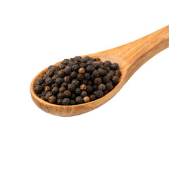 Black Peppercorns Wooden Spoon Spice hot isolated on white background