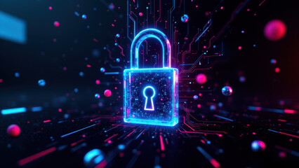 Futuristic lock symbol floating over a network with digital lights and lines, signifying cybersecurity or internet security.