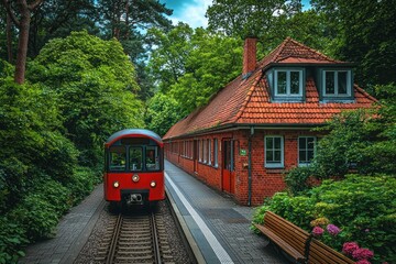 Red train at a quaint brick station nestled in lush greenery.