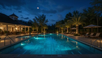 Fototapeta premium Serene Night at a Luxury Poolside Retreat Under a Full Moon With Palm Trees and Ambient Lighting Creating a Tranquil Atmosphere