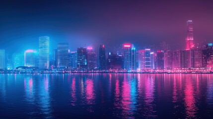 Fototapeta premium Neon Cityscape at Night: Vibrant Hong Kong Skyline Reflected in Calm Waters