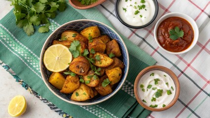 Overhead view of beautifully arranged bombay potatoes with fresh herbs and condiments on a vibrant table setting