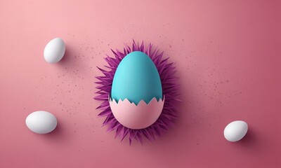 Creative colorful easter egg design with decorations and surrounding eggs on a pink background