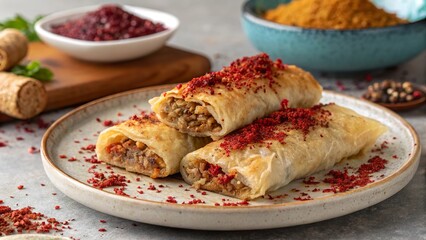Delicious borek dish with tangy sumac sprinkled on top served on a rustic plate in a cozy kitchen setting