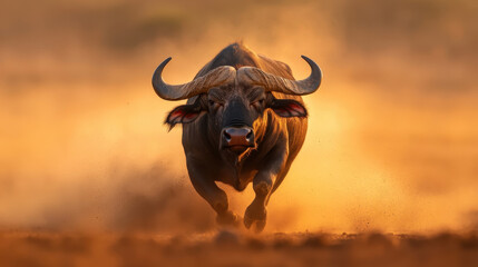 powerful buffalo charging toward camera, showcasing its impressive horns and muscular build against backdrop of golden dust. scene evokes sense of strength and determination
