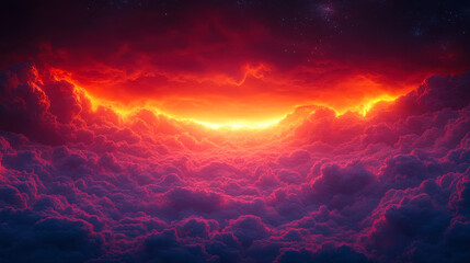 Naklejka premium Dramatic Storm Clouds and Neon Arc in Dark Night Sky, Illuminated with Orange and Red Tones