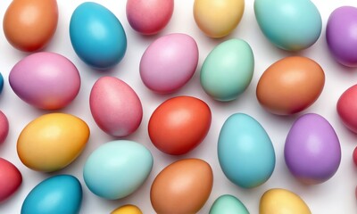 Colorful decorated eggs arranged on a white surface for celebration and decoration during spring festivities