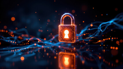 This image depicts a glowing digital lock icon representing internet security against a cybernetic backdrop with abstract light trails that suggest data transmission or encryption.