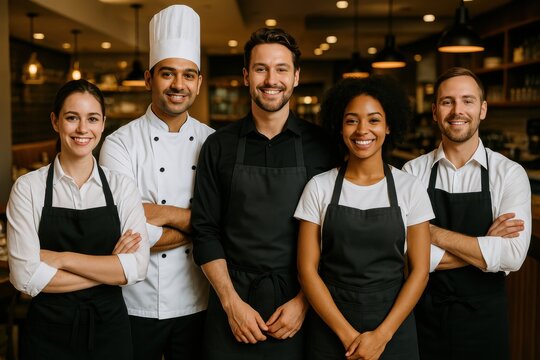 A cheerful group photo of five restaurant staff in clean uniforms, standing proudly in a stylish, warmly lit dining area with wooden décor and well-arranged tables. - Powered by Adobe
