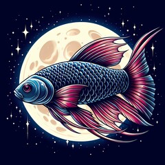 A vibrant digital illustration of a large, stylized fish with iridescent blue and pink scales swimming through a starry night sky with a glowing full moon, in a whimsical fantasy style