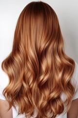 Fototapeta premium Beautiful, wavy copper hair styled for a glamorous look showcased against a plain background