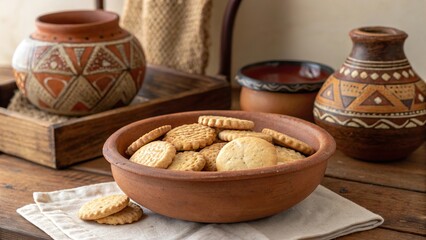 Rustic clay bowl filled with freshly baked biscoitos on a wooden table with traditional pottery
