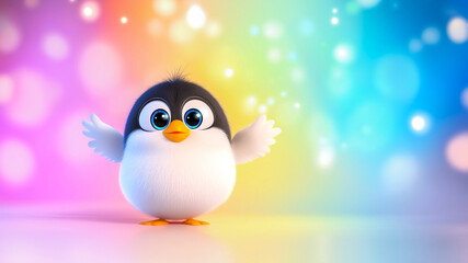 Fototapeta premium Cute funny baby bird with big blue eyes on colorful background. Charming cartoon black and white chick. Illustration with copy space
