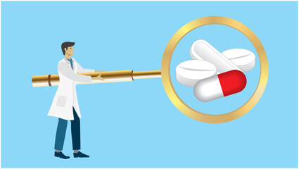 Man looking at pills in big magnifying glass. Dimension 16:9. Vector illustration.