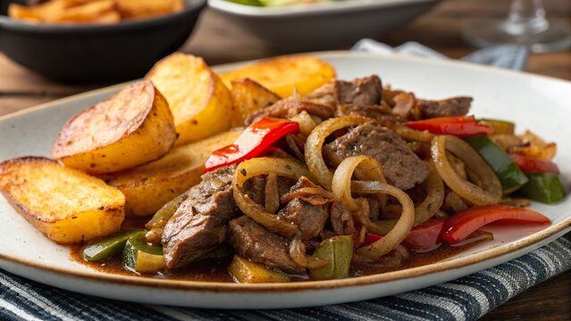 Bistec encebollado with potatoes served on a plate in a cozy dining setting
