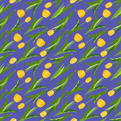 A floral seamless pattern featuring various colourful tulips with green leaves on a violet background. Geometric background pattern. Botanical design for print, wallpaper, textile, and wrapping paper.