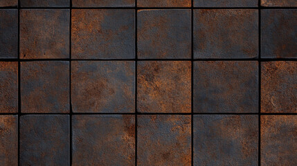 gritty, weathered metal floor texture featuring dull, rust colored tiles arranged in grid pattern. surface exhibits rugged appearance, evoking sense of industrial charm