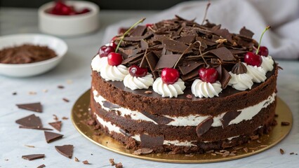 Indulge in a rich black forest cake featuring dark chocolate bark, cherry topping, and whipped cream decorations
