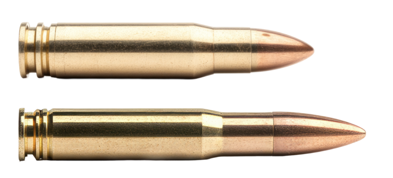 two bullets with a golden color in close up. isolated on transparent background.
