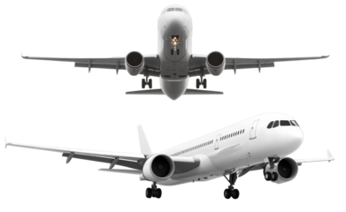 a plane in the sky from two different perspectives isolated on transparent background.