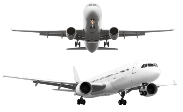 a plane in the sky from two different perspectives isolated on transparent background.
