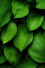 Fototapeta premium Lush green leaves glistening with water droplets captured in serene detail