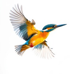 Colorful kingfisher in flight with vibrant feathers against a white background