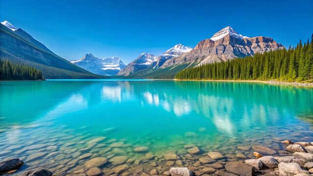 Stunning turquoise lake with rocky shore and majestic snow-capped mountains under a clear blue sky in a peaceful natural landscape