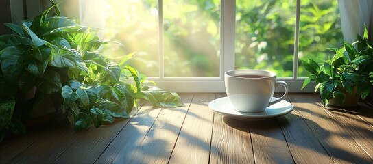 Sunlit morning coffee cup on wooden window sill with plants.