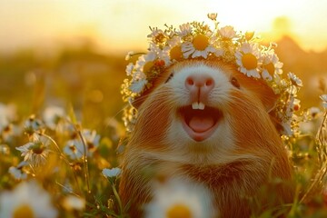 Fototapeta premium Cute adult animal guinea pig wearing feral flower wreath on its head. Summer happiness. Golden hour in sunset. Sunlit wild animal in a dreamy setting. Tranquil nature with wild animals.