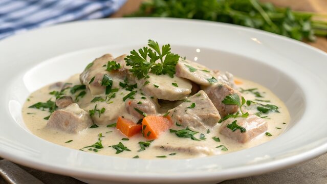 Delicious blanquette de veau garnished with parsley showcasing a creamy sauce and tender meat