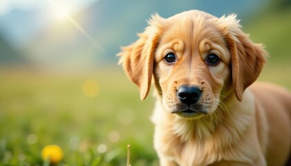 Golden Retriever puppy stares intently at camera, background, adorable, retriever