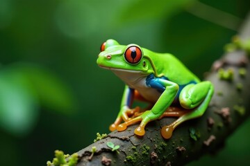 Obraz premium Green tree frog perched on white, vibrant skin details, exotic, skin texture