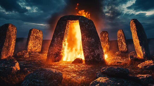 Mystical stone circle with roaring fire: A portal to ancient Celtic rituals and traditions
