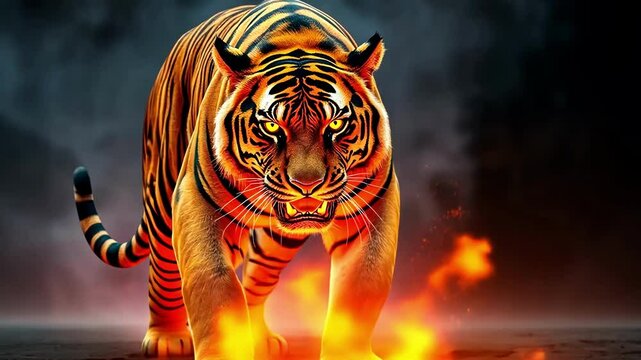 Fierce tiger roaring in a dramatic setting with flames and dark clouds in the background