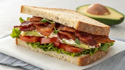 Classic BLT sandwich on sourdough bread served with fresh ingredients and a side of avocado