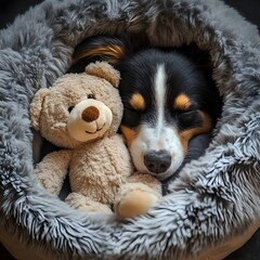 Cozy dog snuggling with teddy, fluffy bed, peaceful nap, furry companionship, warmth and comfort, cute and serene.