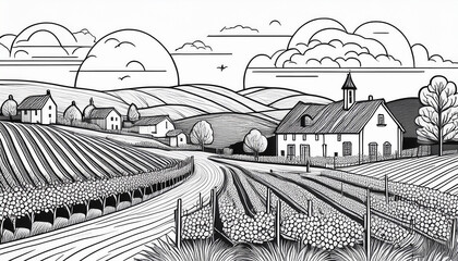 Fototapeta premium a drawing of a natural landscape with vineyards and farmhouses a modern illustration of a country pasture with trees bushes and houses black and white outline