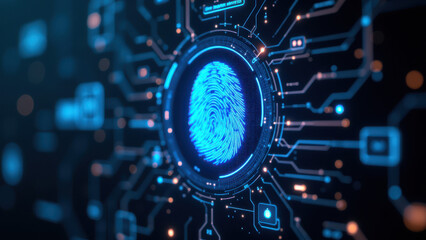 Obraz premium A futuristic representation of biometric fingerprint authentication within a computer circuit board setting.