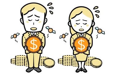 お金を失い悲しんでいる、スーツを着た若い男女