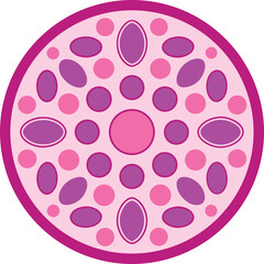 Naklejka premium Circular geometric pattern, Pink and purple color scheme, Polka dot design, Organic shapes, Symmetrical composition, Flat illustration style, Modern abstract art, Retro 60s inspired, Playful arrangeme