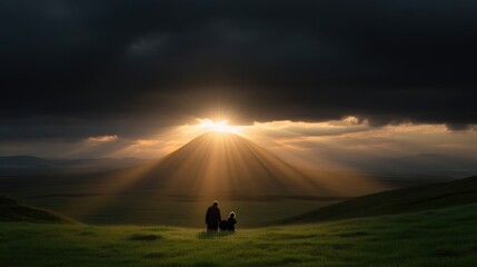 Obraz premium Silhouette of a person and a dog standing on a green hill watching the sun rise behind a mountain under dramatic storm clouds.