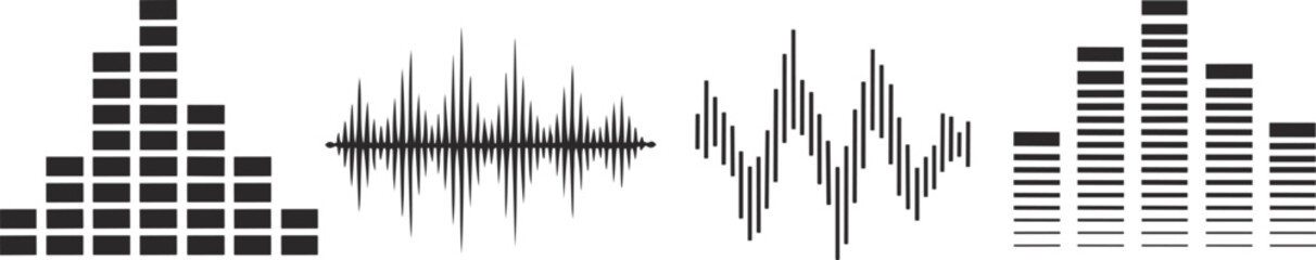 Set of radio signal frequency and abstract music sound waves, vector illustration.