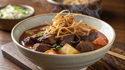 Fototapeta premium Hearty bo kho served steaming hot with crispy fried shallots creating a comforting dish perfect for any meal