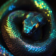 Fototapeta premium Colorful snake resting on a dark surface in vibrant hues of blue and green