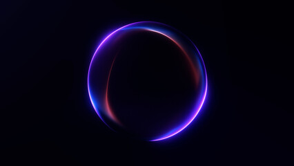 Shiny energy plasma particles orb on dark minimalitic business background. Gradient neon flowing magic sphere with purple and blue shiny waveforms.
